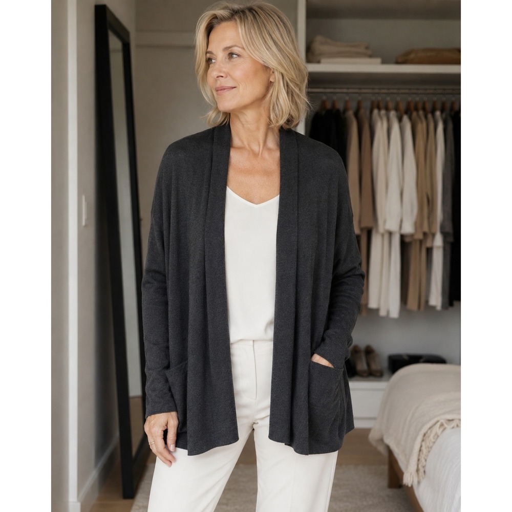Eileen Fisher‎ Italian Yarn Open Front Cardigan M Dark Gray Soft Knit Minimalist